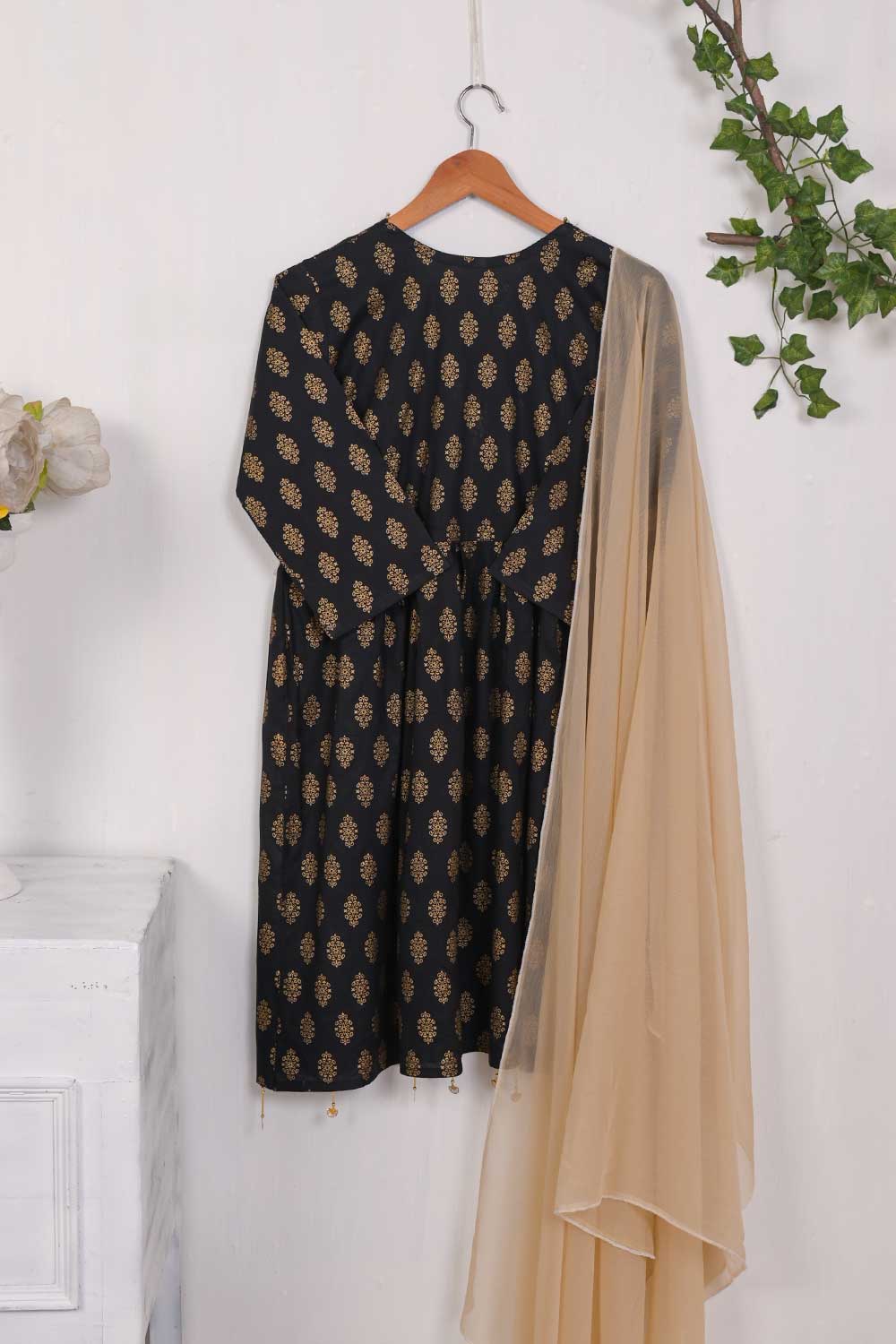 STP-029A-Black - 2Pc Cotton Stitched With Chiffon Dupatta