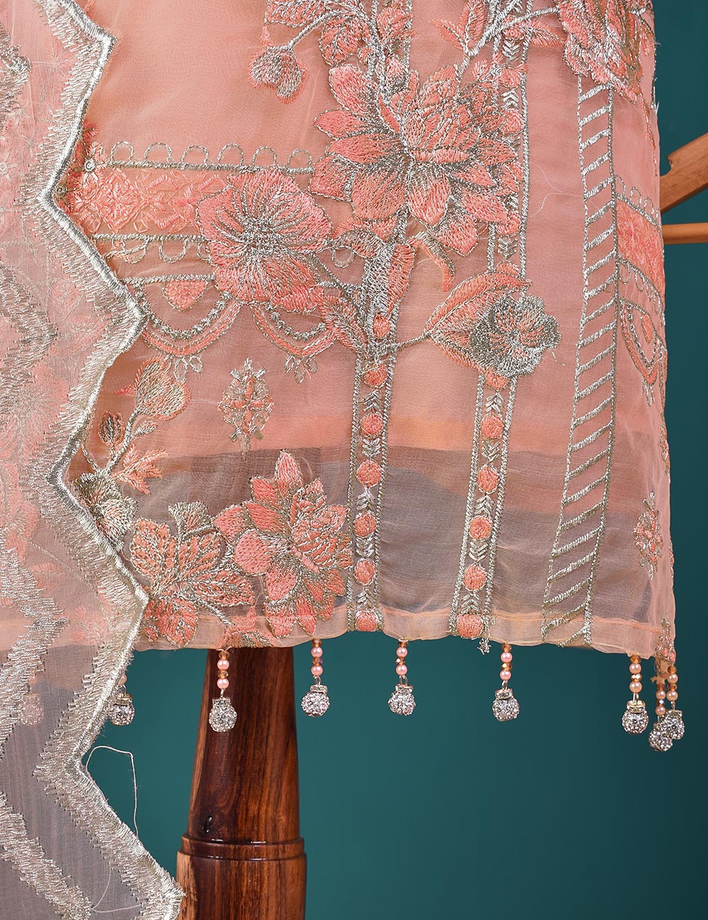 3 Pc Stitched Organza Suit With Tassels With Organza Embroidered Dupatta and Malai Trouser - Pearly Delight (RTW-21-Pink)