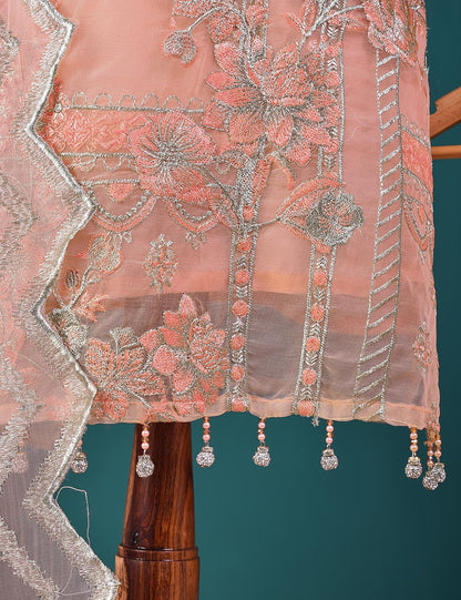 3 Pc Stitched Organza Suit With Tassels With Organza Embroidered Dupatta and Malai Trouser - Pearly Delight (RTW-21-Pink)