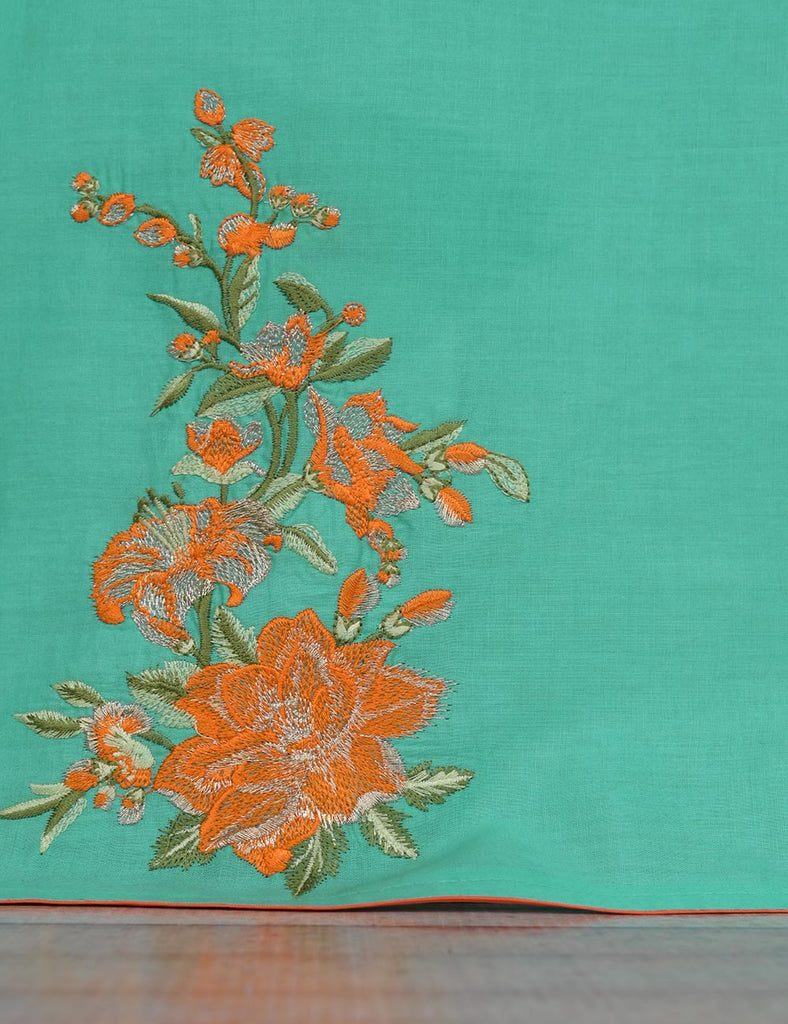 Cotton Embroidered Stitched Kurti - Tropical Hibiscus (T20-017E-Sea Green)