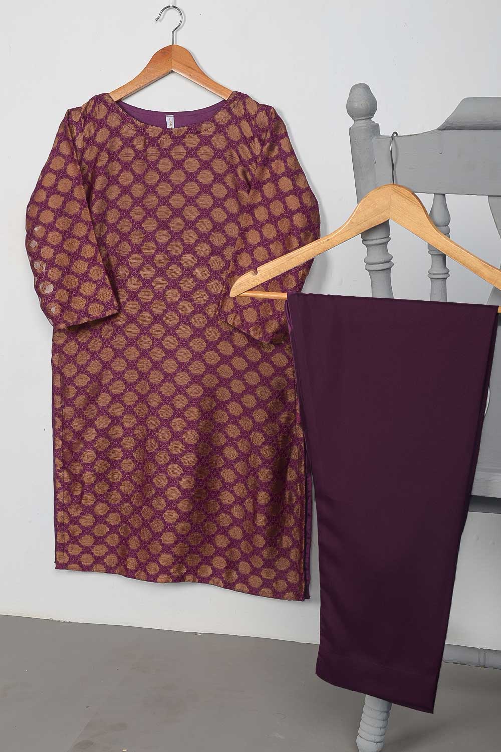 STP-081A-Purple - 2Pc Stitched Broshia Jacquard Shirt With Malai Trouser