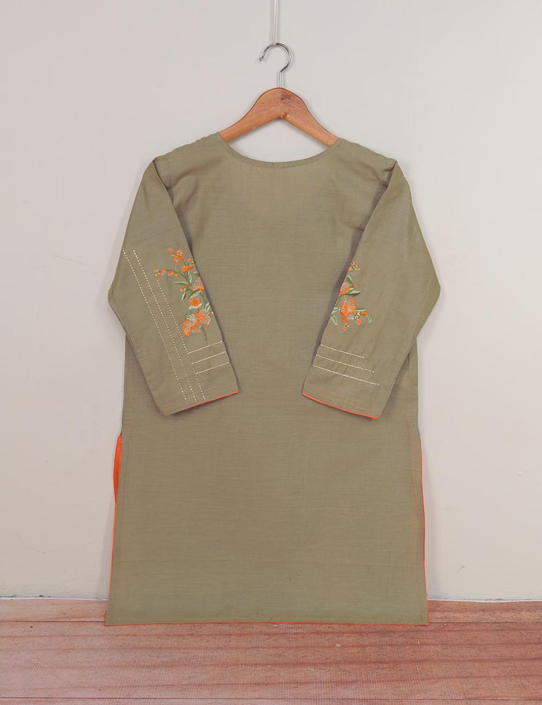 Cotton Embroidered Stitched Kurti - Tropical Hibiscus (T20-017D-Khaki)
