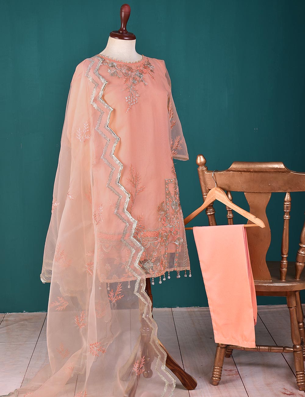 3 Pc Stitched Organza Suit With Tassels With Organza Embroidered Dupatta and Malai Trouser - Pearly Delight (RTW-21-Pink)