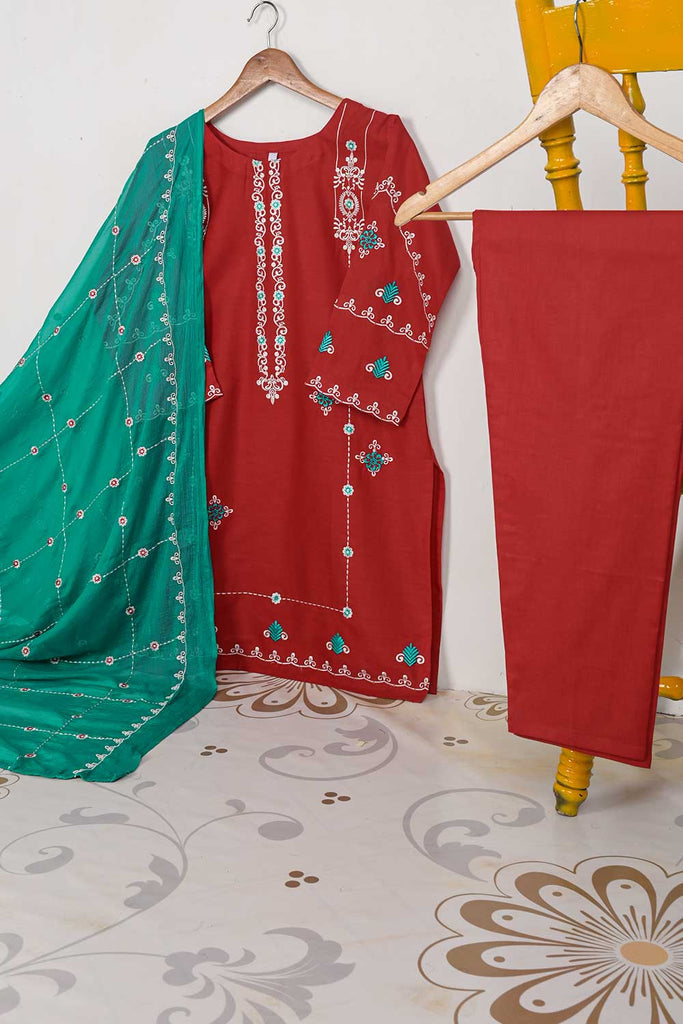 3SP-3A-RED - 3PC CAMBRIC EMBROIDERED Dress With Chiffon Embroidered Dupatta