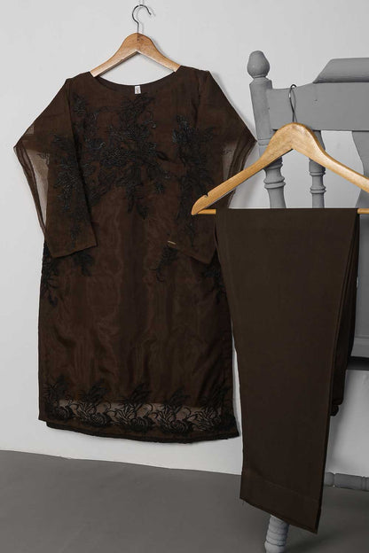 STP-072A-Dark Brown - 2Pc Organza Embroidered With Malai Trouser