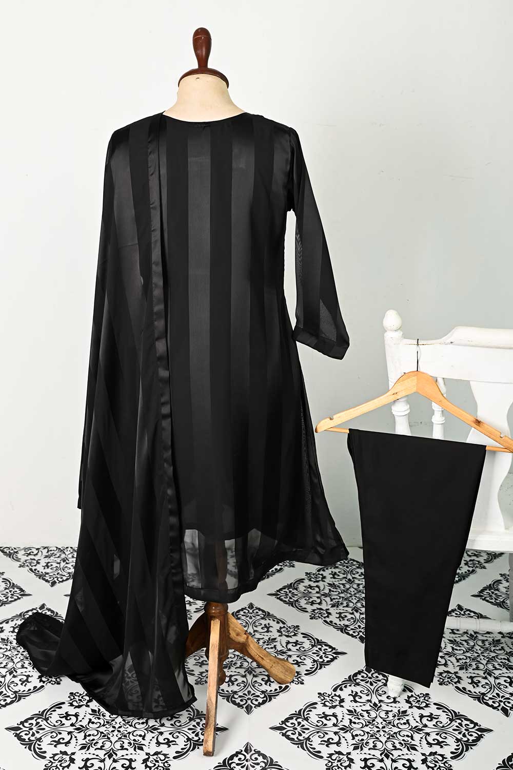 RTW-102-Black -  3Pc Stitched Chiffon Dress