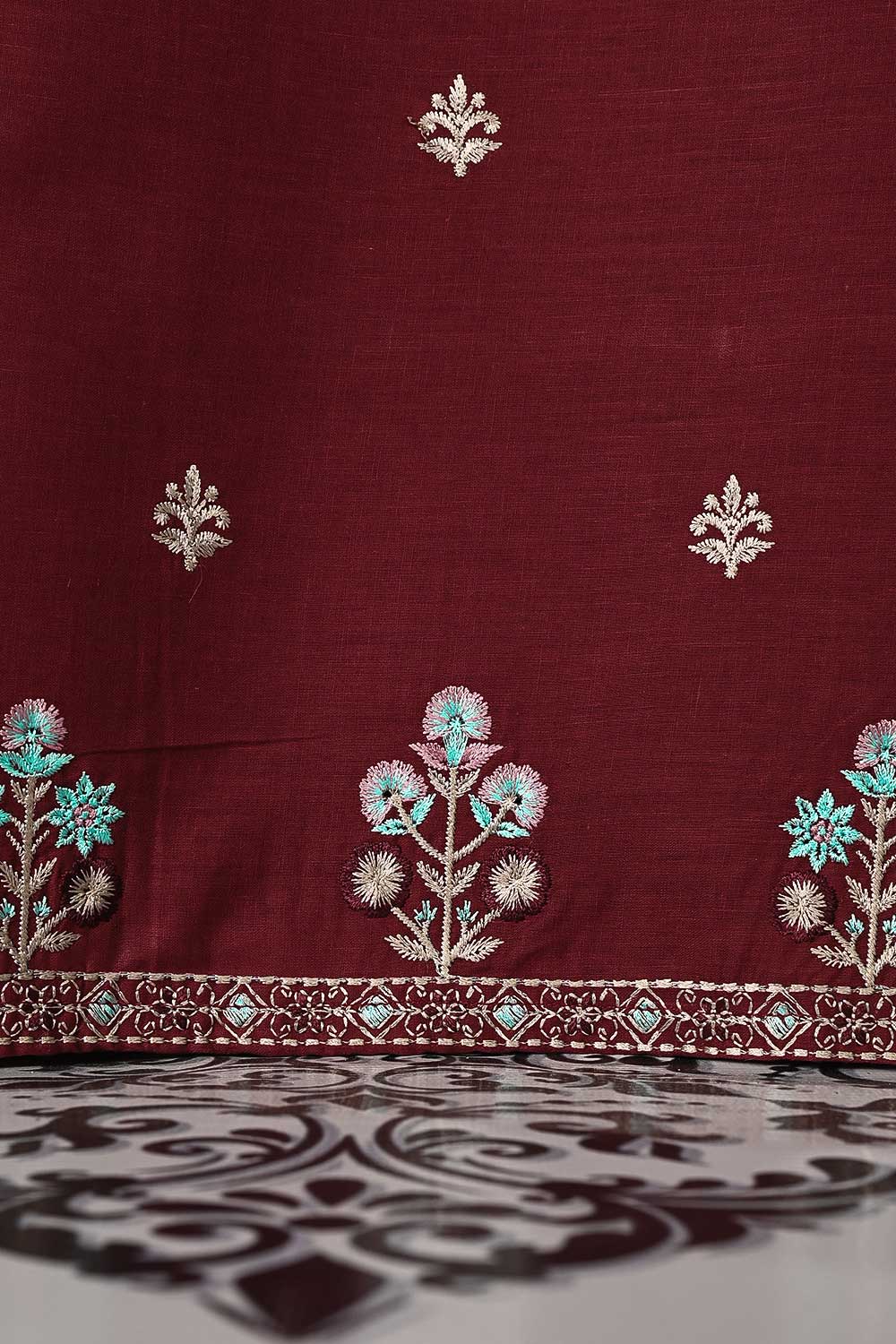 3SP-7B-Maroon - 3PC COTTON EMBROIDERED Dress With Chiffon Embroidered Dupatta