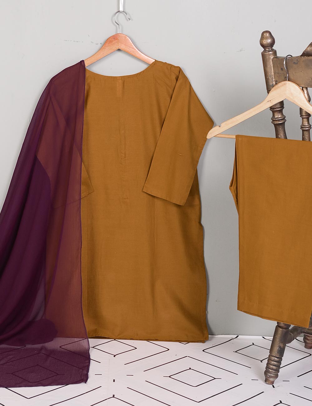 3SP-1A-Brown - 3PC COTTON Dress WITH Chiffon Dupatta