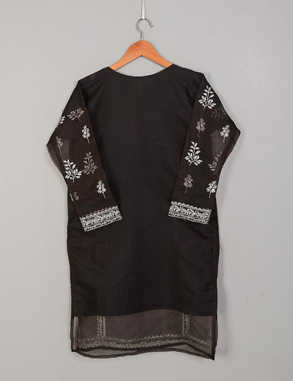 TS-142A-DarkBrown - Organza Embroidered Stitched Kurti