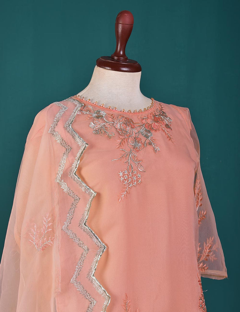 3 Pc Stitched Organza Suit With Tassels With Organza Embroidered Dupatta and Malai Trouser - Pearly Delight (RTW-21-Pink)