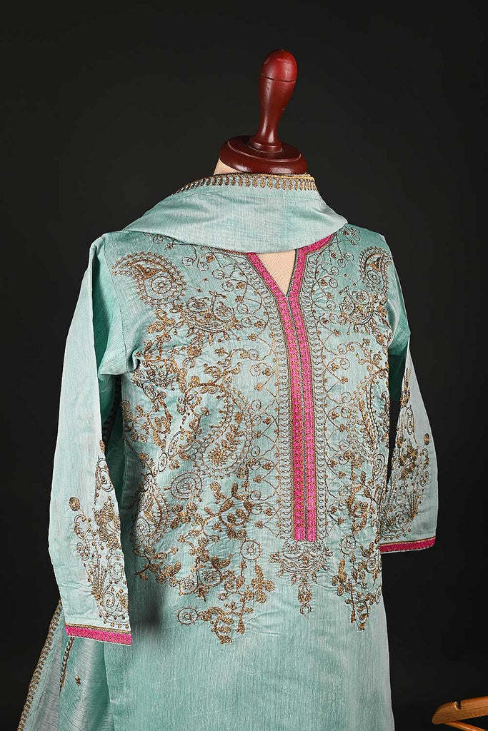RTW-105-Aqua -  3Pc Stitched Paper Cotton Embroidered Dress