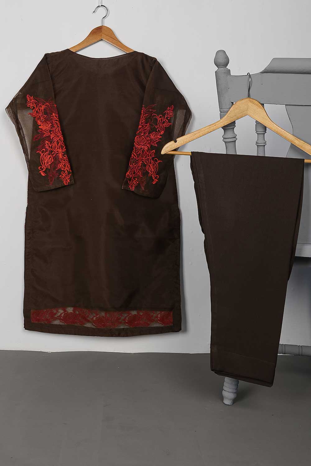 STP-072B-Dark Brown - 2Pc Organza Embroidered With Malai Trouser