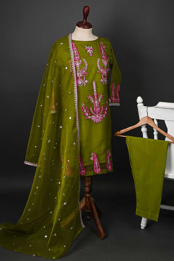 RTW-49-Moss -  3Pc Stitched Embroidered Organza Dress