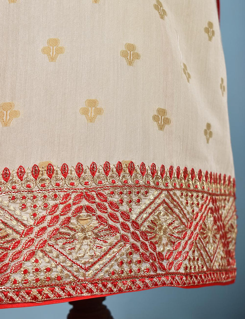 Jacquard Paper Cotton with Embroidered Net Dupatta &amp; Malai Silk Trouser - Autumn Love (RTW-9-Cream)