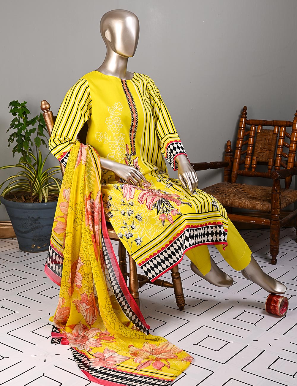 BLC-01B - Checkered Field | Un-Stitched Embroidered Lawn Dress