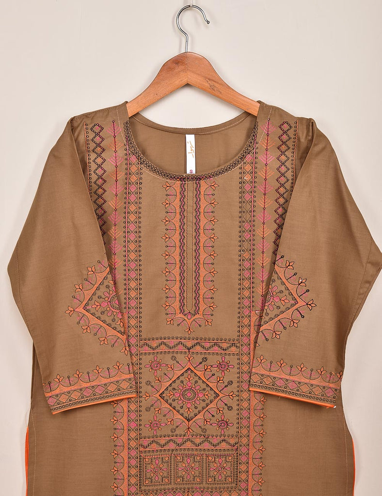 Cotton Embroidered Stitched Kurti - Baad-e-Saba-(TS-088B-Brown)