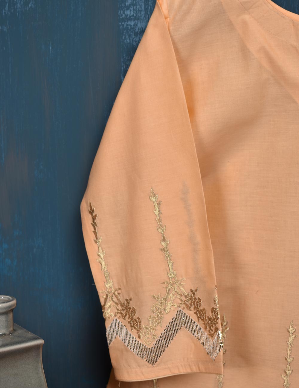 Cotton Embroidered Kurti - Beach waves (T20-028-Peach)