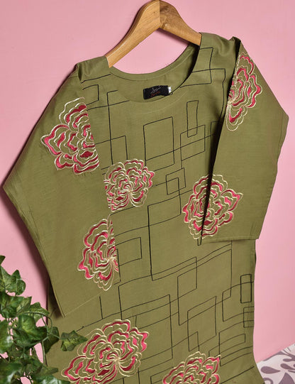 Cotton Embroidered Stitched Kurti - Blooming Angel (TS-022B-Moss)