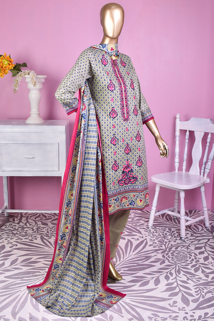 3 Pc Unstitched Embroidered Lawn Dress with Lawn Printed Dupatta & Embroidered Cotton Trouser - Bright Sunshine (ZLE-1A)