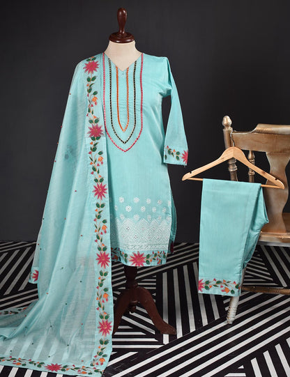 3 Pc Stitched Paper Cotton Chikankari Embroidered Dress with Beautiful Printed Borders - Charismatic Vibes (RTW-8-SkyBlue)