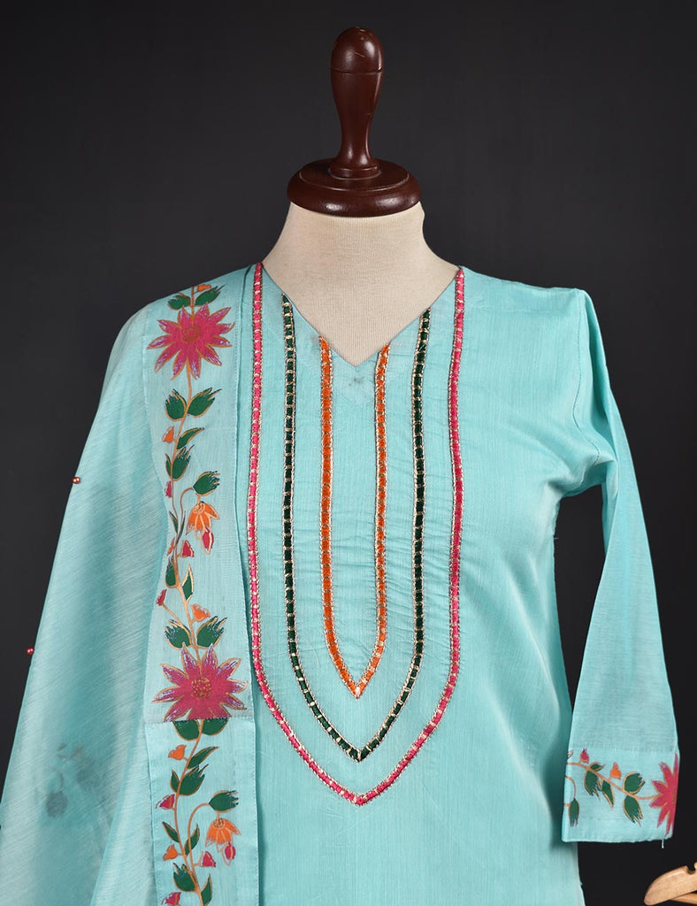 3 Pc Stitched Paper Cotton Chikankari Embroidered Dress with Beautiful Printed Borders - Charismatic Vibes (RTW-8-SkyBlue)