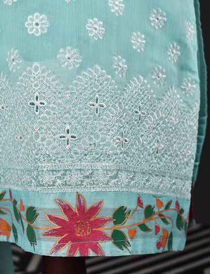 3 Pc Stitched Paper Cotton Chikankari Embroidered Dress with Beautiful Printed Borders - Charismatic Vibes (RTW-8-SkyBlue)