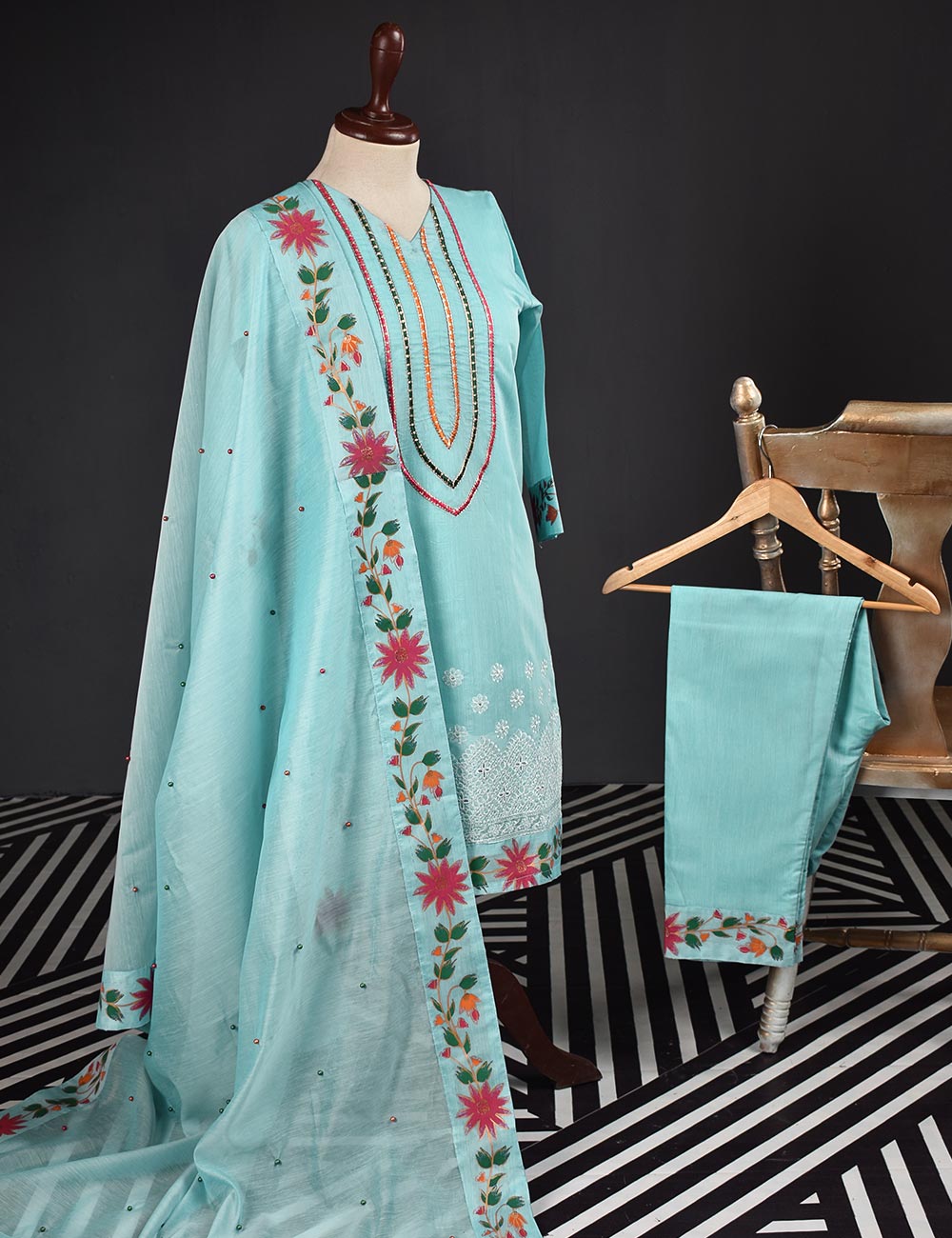 3 Pc Stitched Paper Cotton Chikankari Embroidered Dress with Beautiful Printed Borders - Charismatic Vibes (RTW-8-SkyBlue)