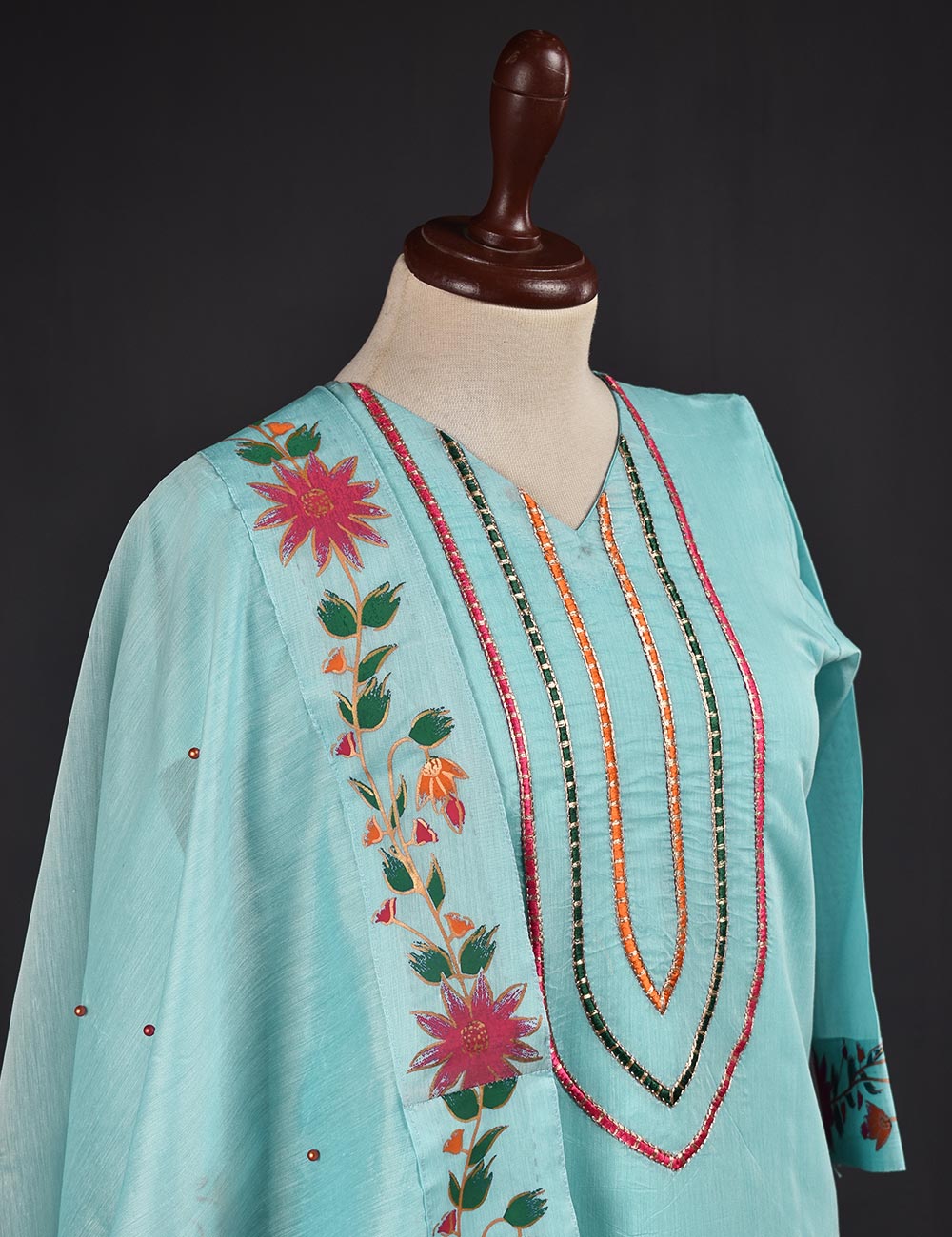 3 Pc Stitched Paper Cotton Chikankari Embroidered Dress with Beautiful Printed Borders - Charismatic Vibes (RTW-8-SkyBlue)