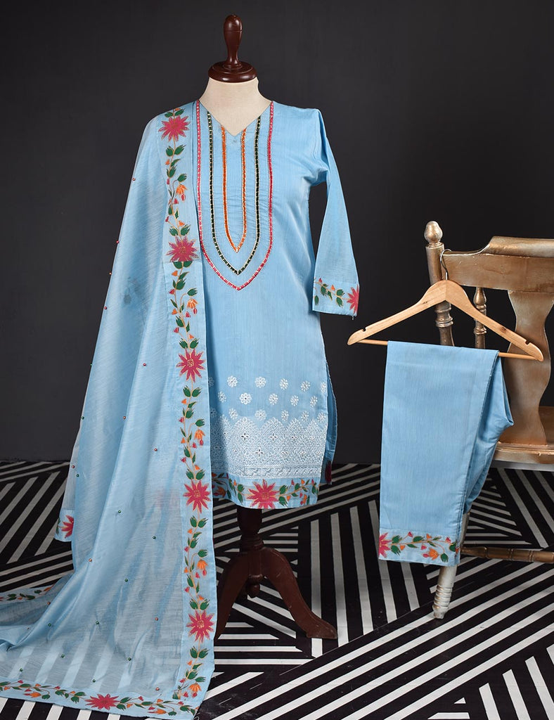 3 Pc Stitched Paper Cotton Chikankari Embroidered Dress with Beautiful Printed Borders - Charismatic Vibes (RTW-6-GreyishBlue)