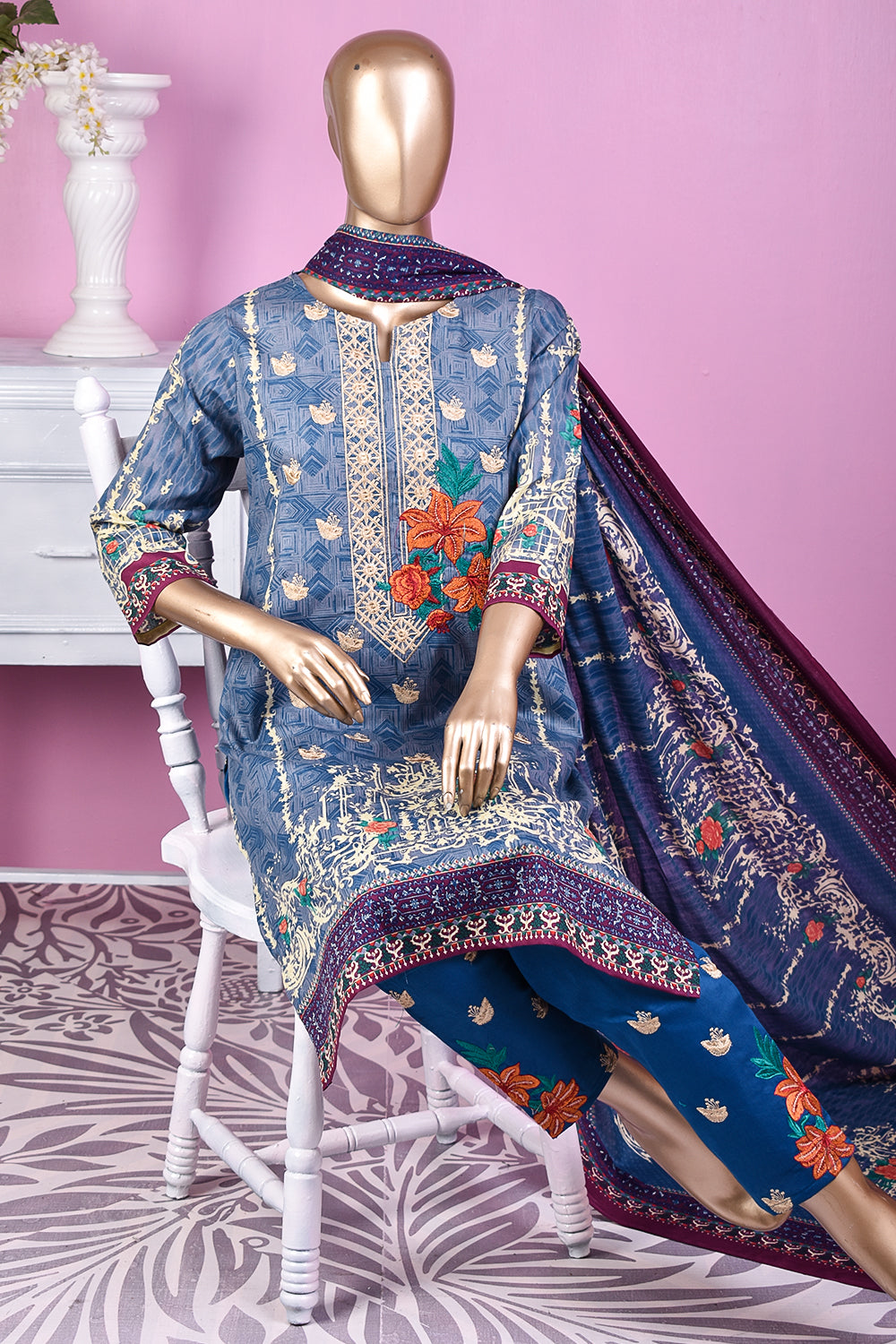 3 Pc Unstitched Embroidered Lawn Dress with Lawn Printed Dupatta & Embroidered Cotton Trouser - Citrine (ZLE-6B)