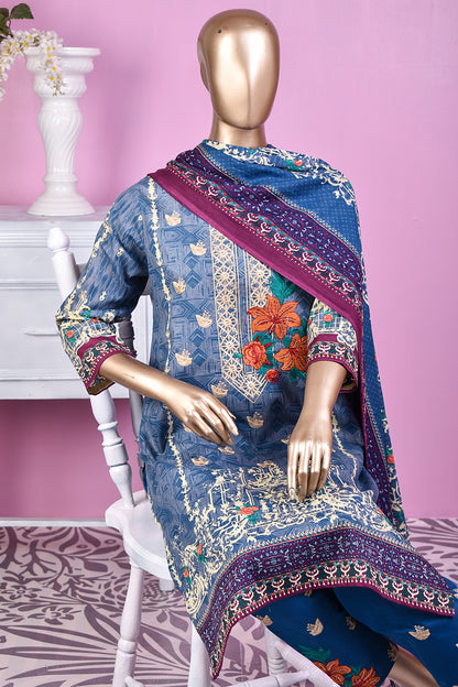 3 Pc Unstitched Embroidered Lawn Dress with Lawn Printed Dupatta & Embroidered Cotton Trouser - Citrine (ZLE-6B)