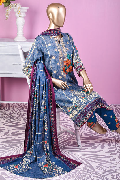 3 Pc Unstitched Embroidered Lawn Dress with Lawn Printed Dupatta & Embroidered Cotton Trouser - Citrine (ZLE-6B)
