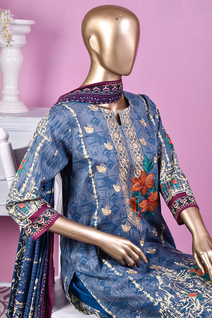 3 Pc Unstitched Embroidered Lawn Dress with Lawn Printed Dupatta & Embroidered Cotton Trouser - Citrine (ZLE-6B)