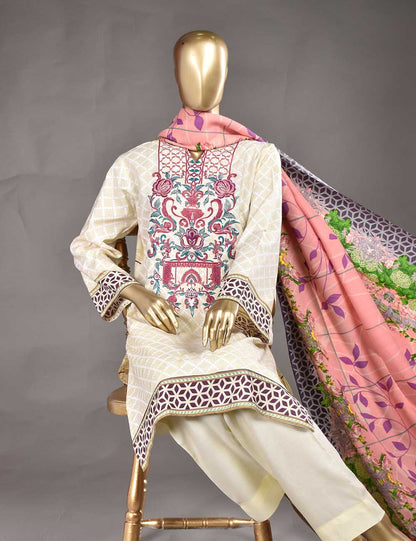 3 Pc Unstitched Linen Printed & Embroidered Dress with Printed Wool Shawl Dupatta - Cosmos (KL-04)