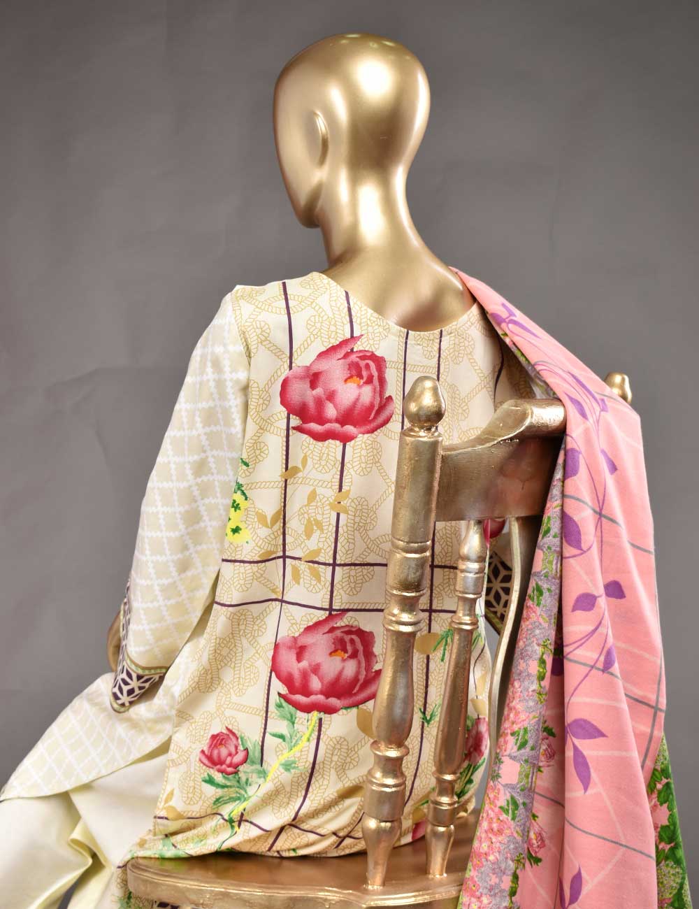 3 Pc Unstitched Linen Printed & Embroidered Dress with Printed Wool Shawl Dupatta - Cosmos (KL-04)