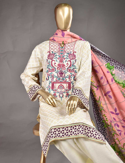 3 Pc Unstitched Linen Printed & Embroidered Dress with Printed Wool Shawl Dupatta - Cosmos (KL-04)