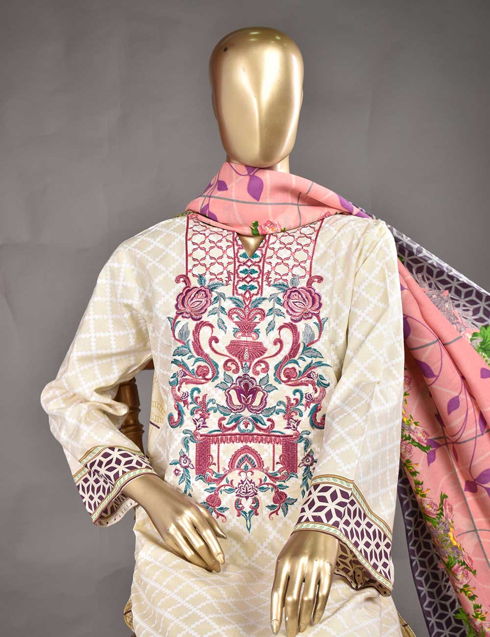 3 Pc Unstitched Linen Printed & Embroidered Dress with Printed Wool Shawl Dupatta - Cosmos (KL-04)