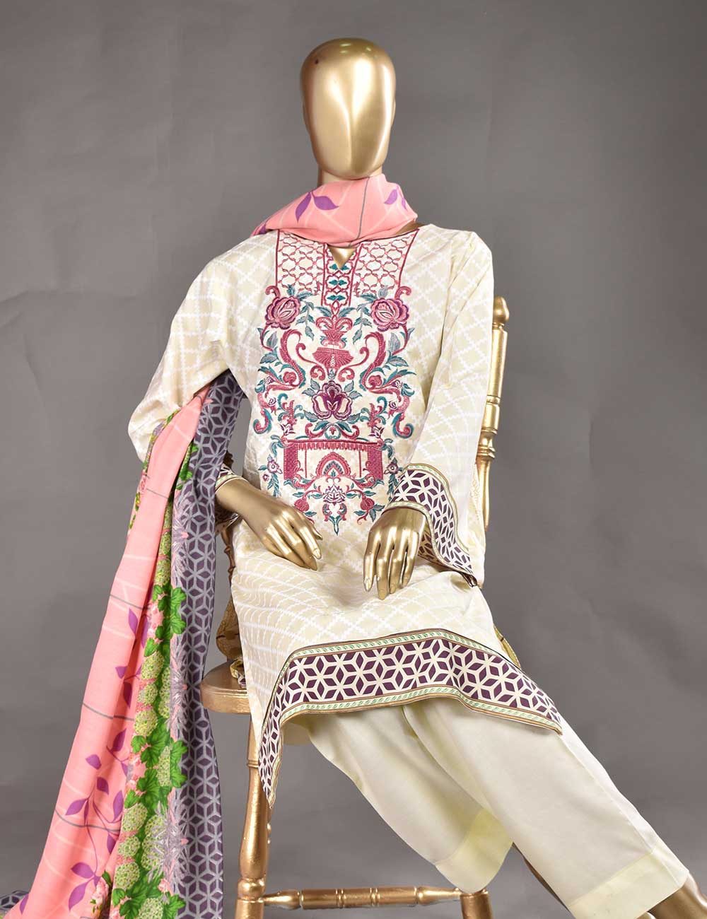 3 Pc Unstitched Linen Printed & Embroidered Dress with Printed Wool Shawl Dupatta - Cosmos (KL-04)