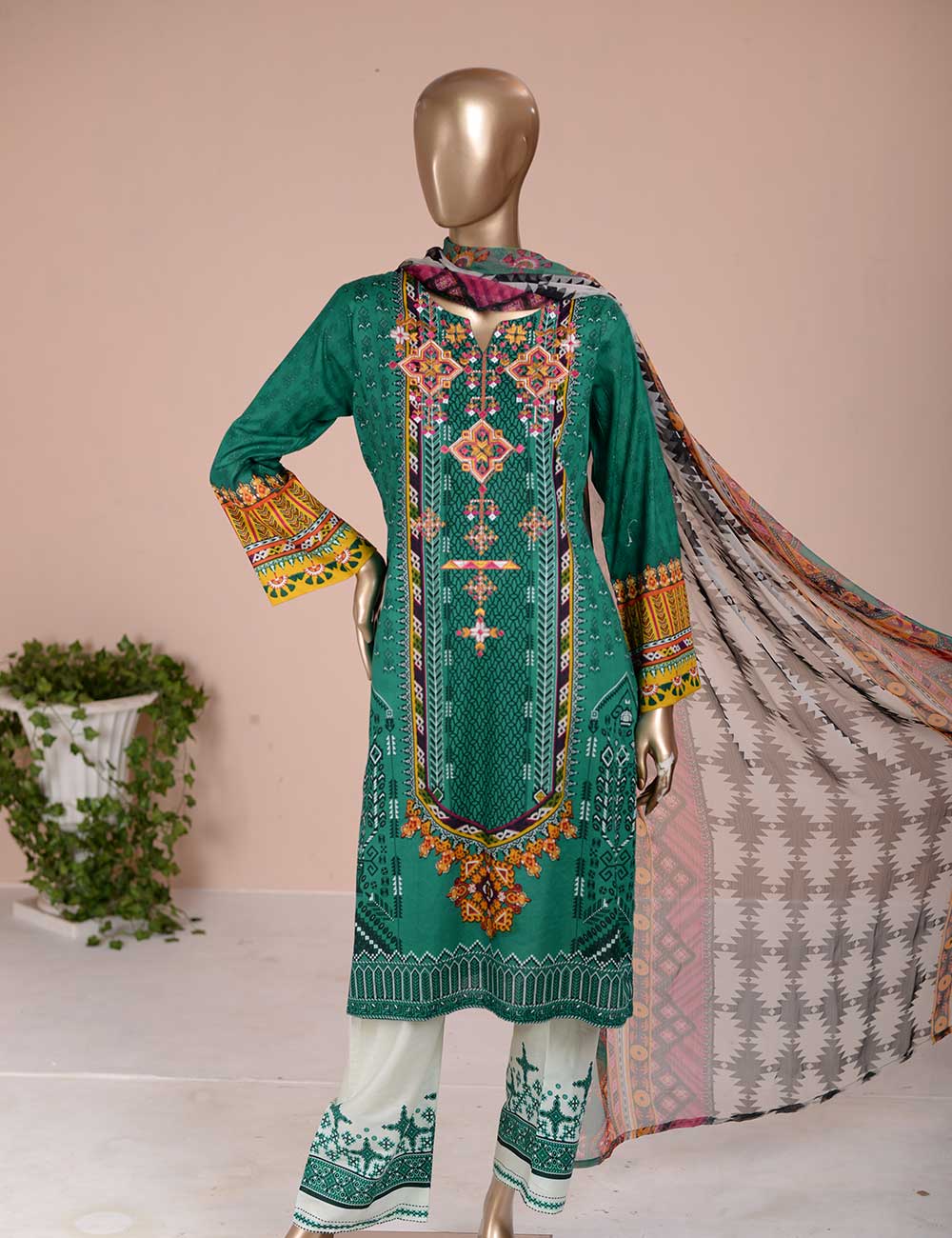 3 Pc Unstitched Lawn Embroidered Dress with Chiffon Dupatta - Divine Gold (EC-1A)