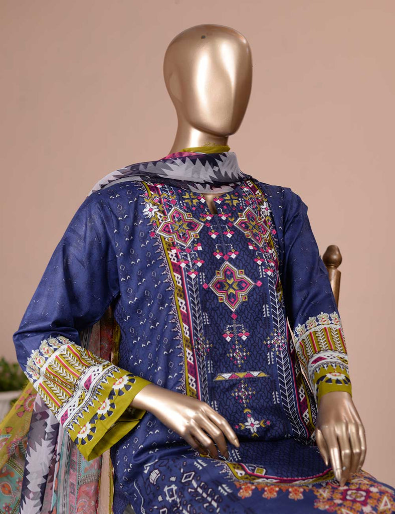 3 Pc Unstitched Lawn Embroidered Dress with Chiffon Dupatta - Divine Gold (EC-1B)