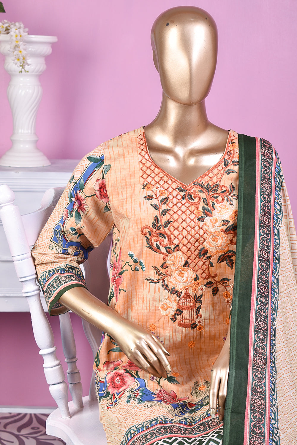 3 Pc Unstitched Embroidered Lawn Dress with Lawn Printed Dupatta & Embroidered Cotton Trouser - Daisy (ZLE-5B)