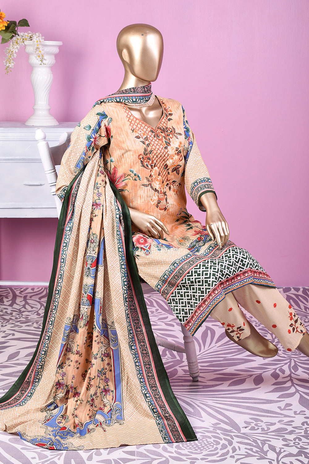 3 Pc Unstitched Embroidered Lawn Dress with Lawn Printed Dupatta & Embroidered Cotton Trouser - Daisy (ZLE-5B)