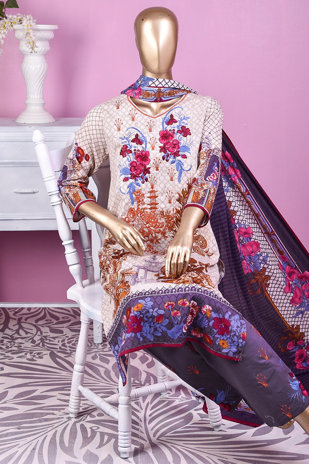 3 Pc Unstitched Embroidered Lawn Dress with Lawn Printed Dupatta & Embroidered Cotton Trouser - Dark Storm (ZLE-4B)