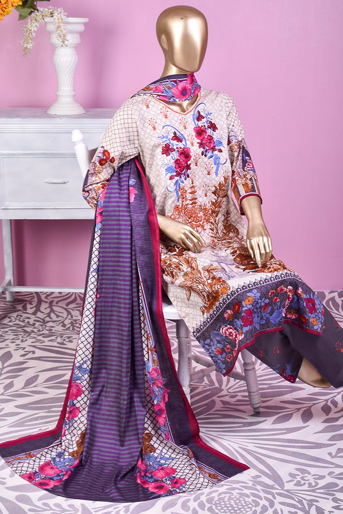 3 Pc Unstitched Embroidered Lawn Dress with Lawn Printed Dupatta & Embroidered Cotton Trouser - Dark Storm (ZLE-4B)
