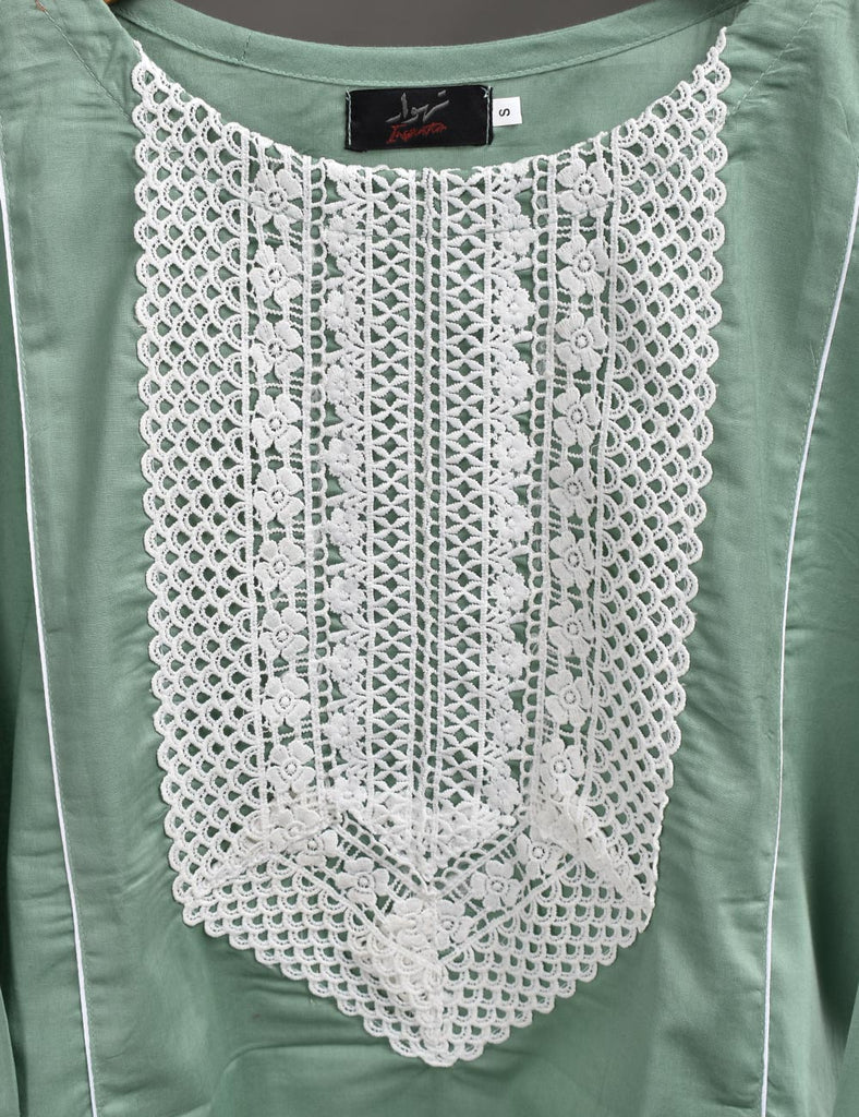 Cotton Stitched Kurti with Chikankari Neck Daman - Fairy Ice (T20-036A-Greenish)