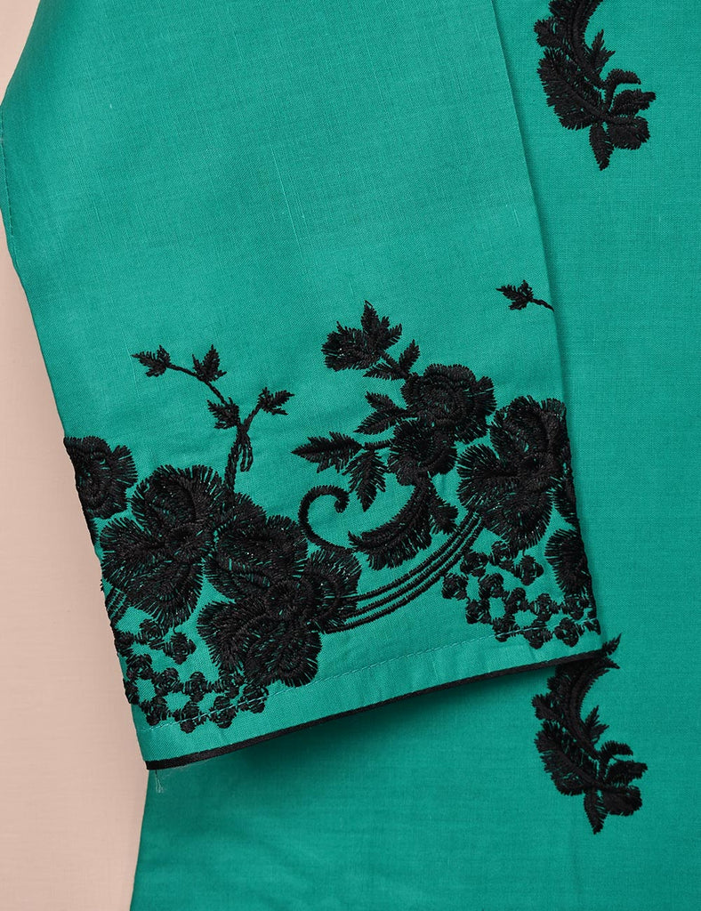 Cotton Embroidered Stitched Kurti - Elegant Hibiscus (T20-061B-SeaGreen)