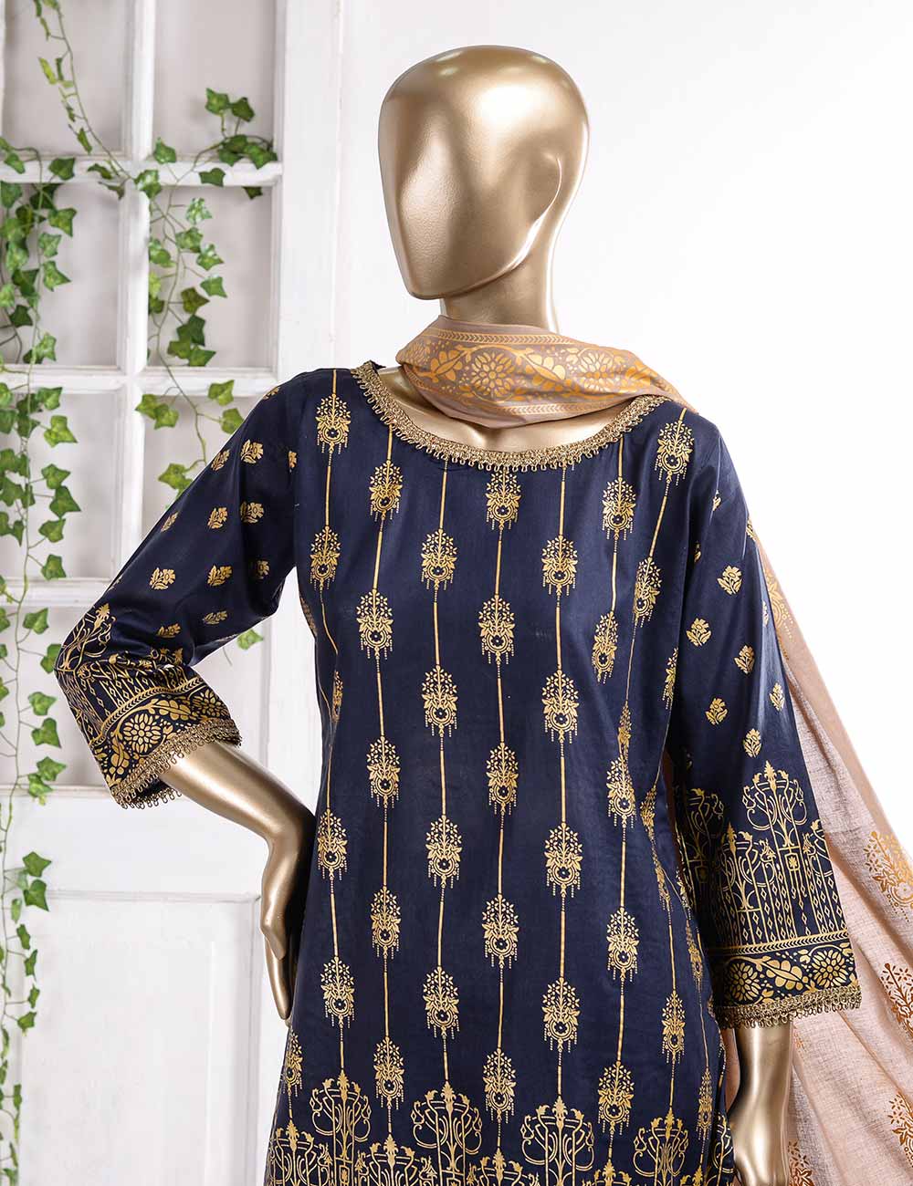 FM-4A - Midnight Shades | 3 Pc Unstitched Gold Printed Lawn Dress