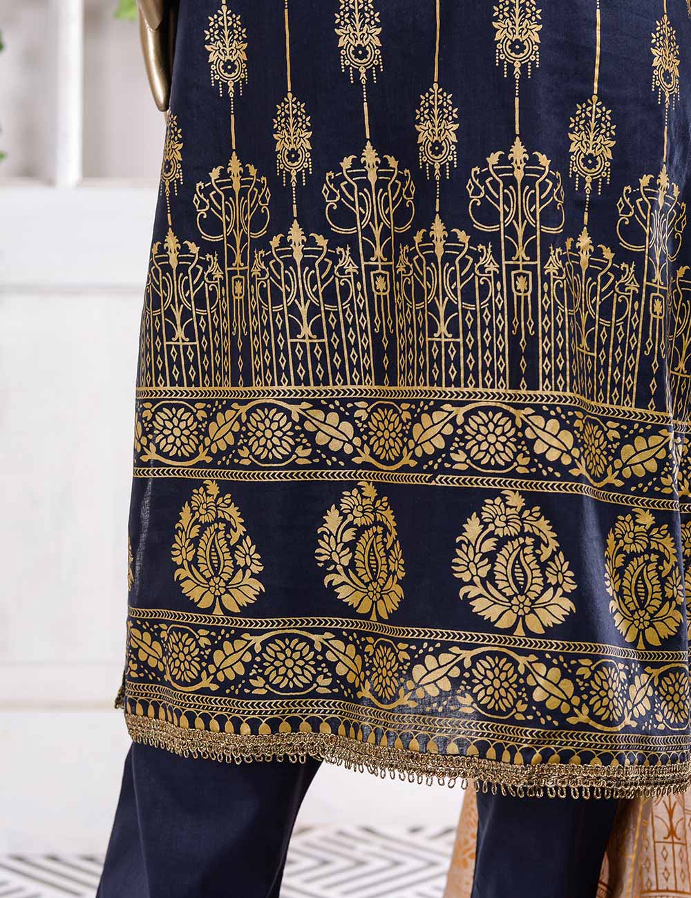 FM-4A - Midnight Shades | 3 Pc Unstitched Gold Printed Lawn Dress