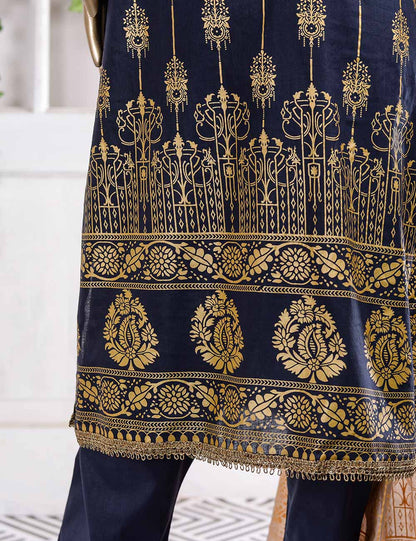 FM-4A - Midnight Shades | 3 Pc Unstitched Gold Printed Lawn Dress