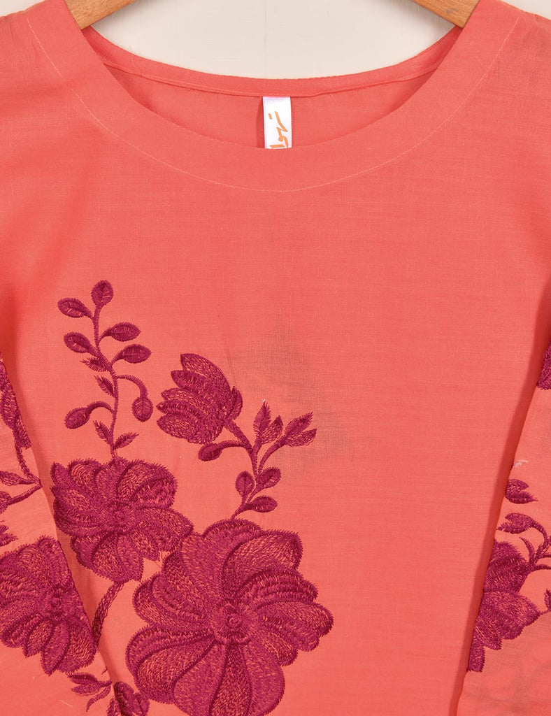 Cotton Embroidered Stitched Kurti - Fleur-D’hibiscus-(TS-016E-Orange)